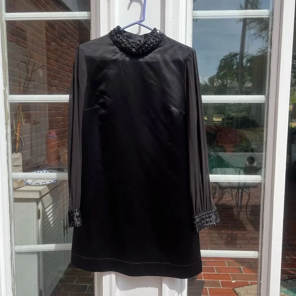 RED Valentino Beaded High Neck Sheer Long Sleeve Satin Dress NWT